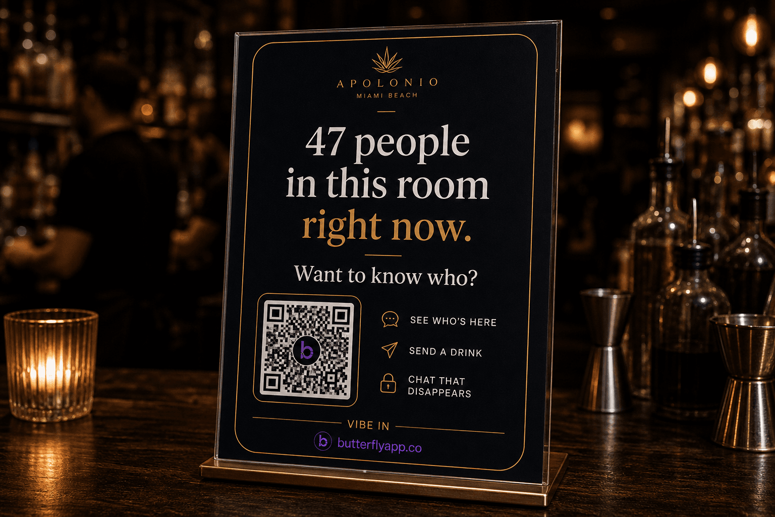 Bar-back sign — 47 people in this room. Want to know who?