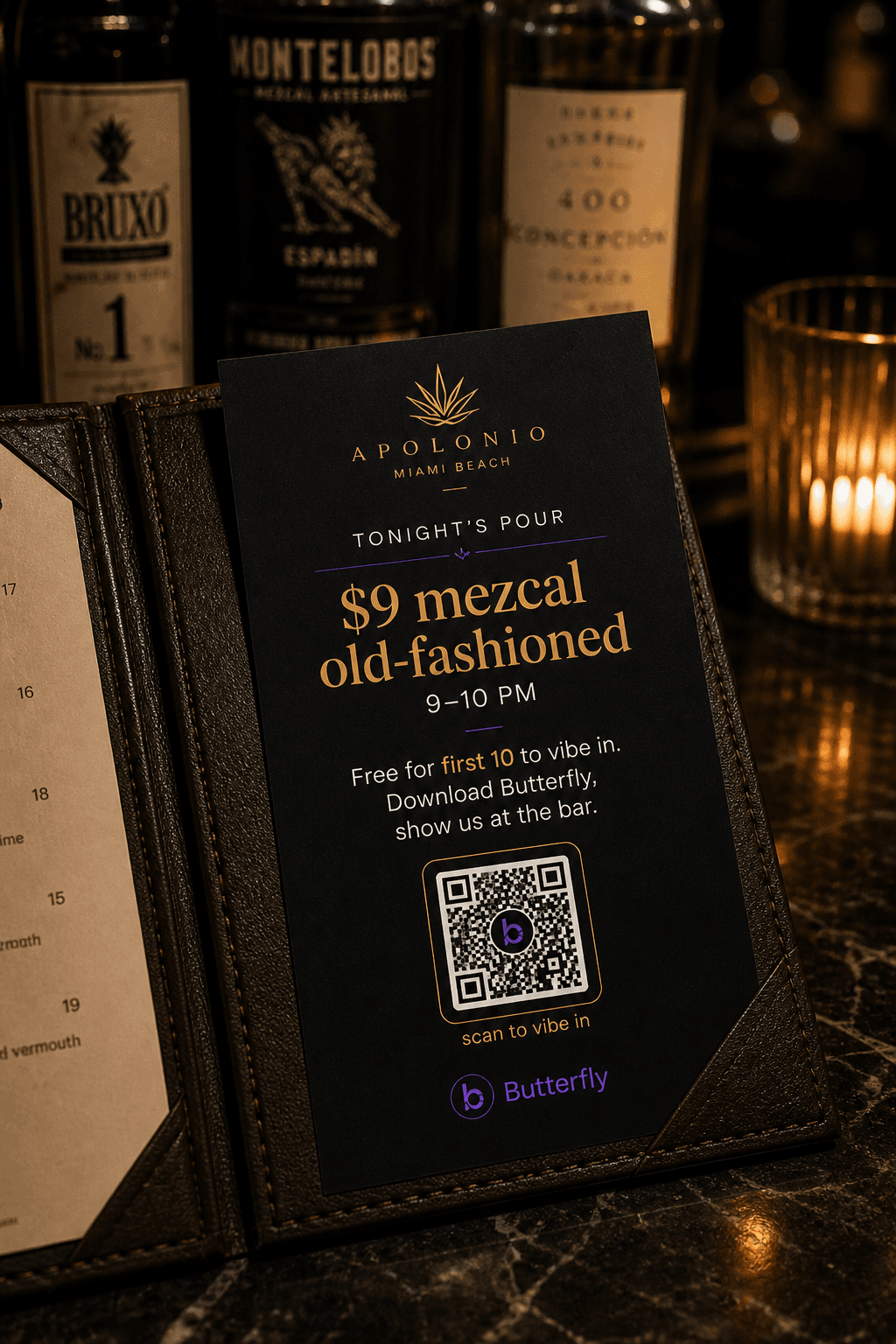 Menu insert — Tonight’s pour · free for first 10 to vibe in