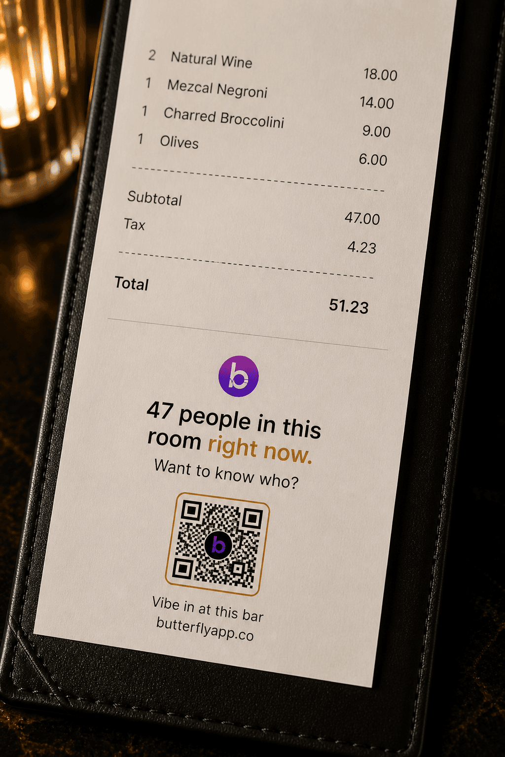 Receipt footer — 47 people in this room. Want to know who?
